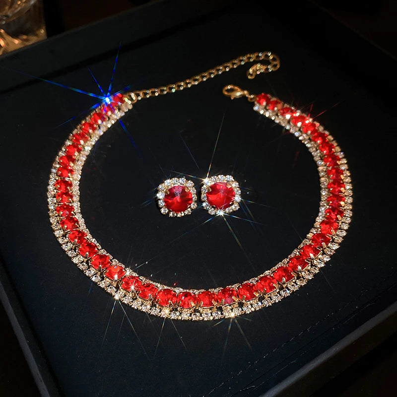 Orecchini a bottone con collana di strass verdi di lusso per le donne collane con Choker di cristallo Set di gioielli per banchetti di matrimoni di moda da donna