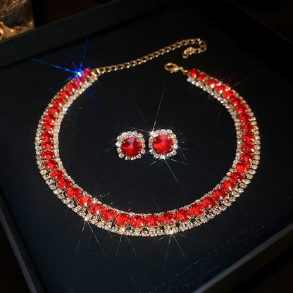 Orecchini a bottone con collana di strass verdi di lusso per le donne collane con Choker di cristallo Set di gioielli per banchetti di matrimoni di moda da donna