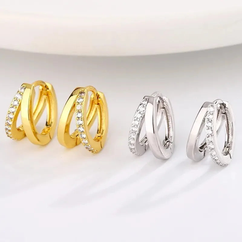 Orecchini a Cerchio in Acciaio Inossidabile Color Oro per Donne, Semplici Orecchini a Doppio Anello con Zirconia Cubica, Gioielli per Piercing alla Cartilagine