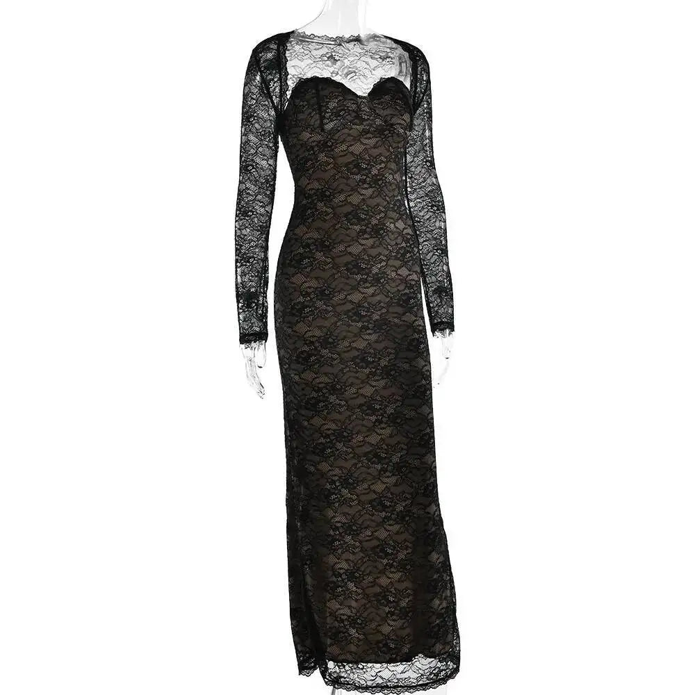 Townlike pizzo sottile aderente maxi abito lungo donna 2025 estate autunno inverno abito discoteca abiti da festa sexy con fodera a scialle