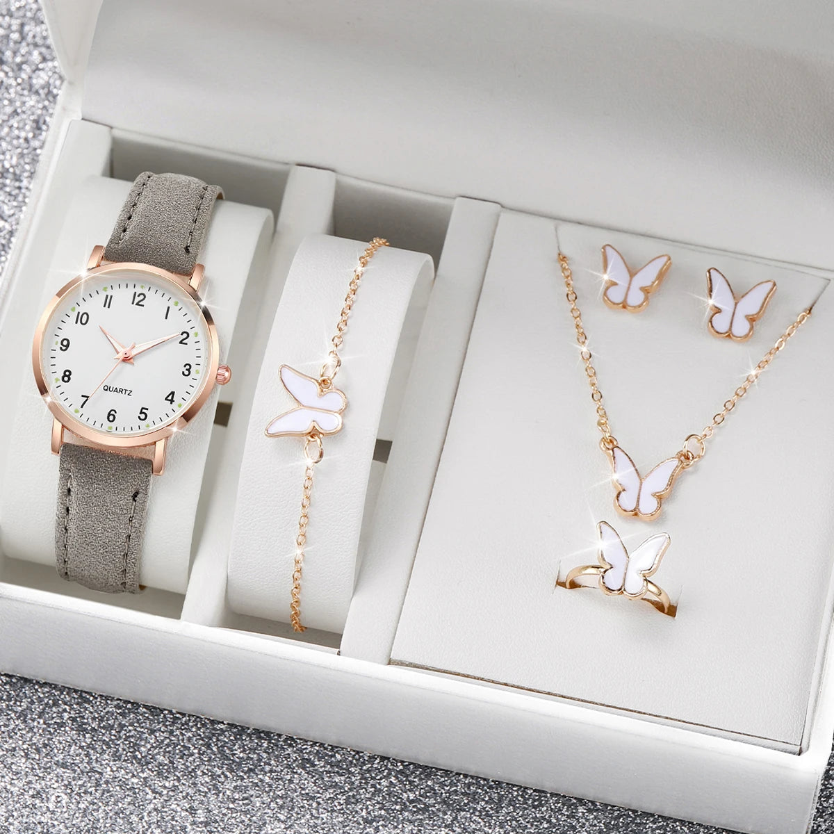 6 pezzi orologio da donna moda quadrante arabo cinturino in pelle orologi al quarzo set di gioielli a farfalla (senza scatola)