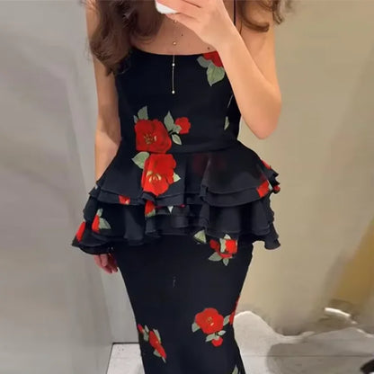 Ensembles jupe-top élégants imprimés à volants pour femme, débardeur sexy sans manches et sans dos, jupes longues 2025, tenues de plage pour femme