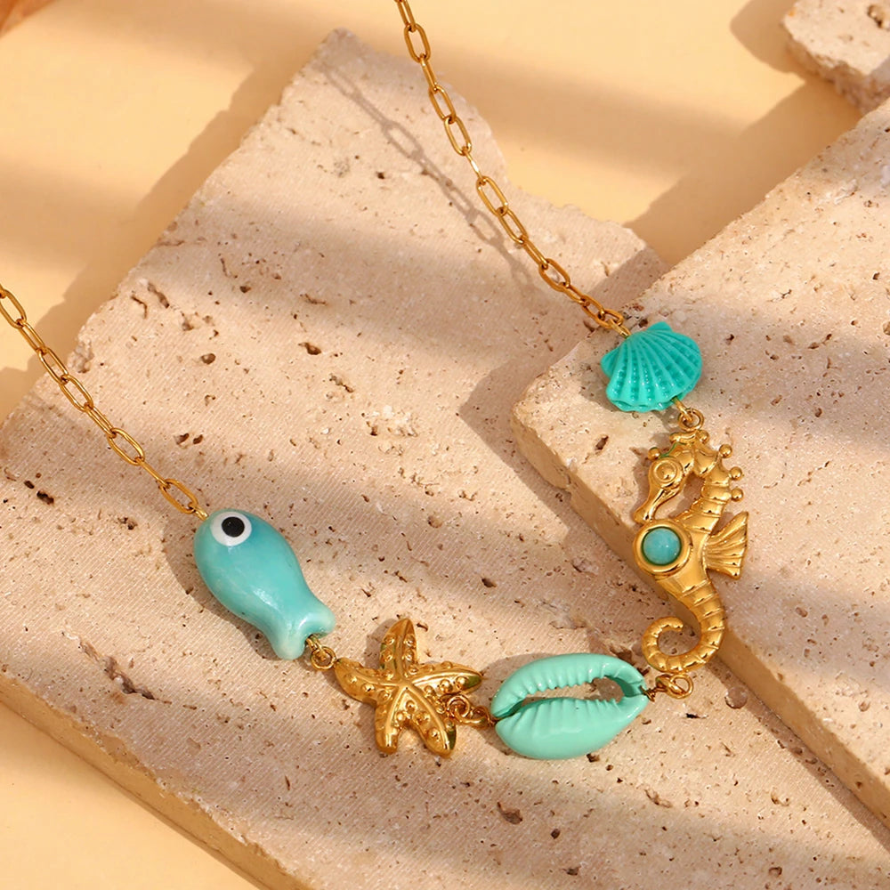 E.B.belle Vacances d'été Poisson bleu Étoile de mer Hippocampe Coquillage Pendentif Collier Acier inoxydable plaqué or Bijoux pour femmes