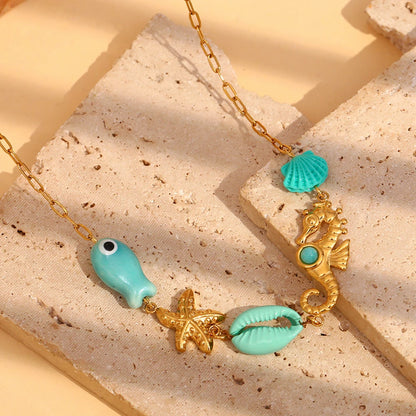 E.B.belle Vacances d'été Poisson bleu Étoile de mer Hippocampe Coquillage Pendentif Collier Acier inoxydable plaqué or Bijoux pour femmes