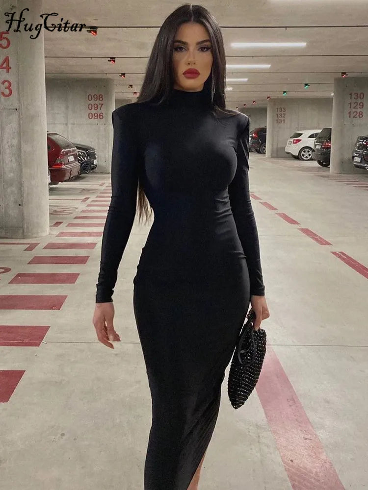 Hugcitar moda donna dolcevita maniche lunghe nero sexy aderente maxi abito da ballo autunno abbigliamento casual streetwear festa festival