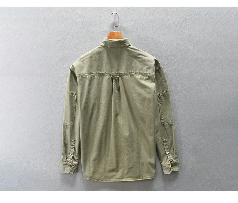 Camicia cargo vintage patchwork multitasche da uomo moda autunno inverno tinta unita manica lunga 100% cotone camicetta ampia quotidiana