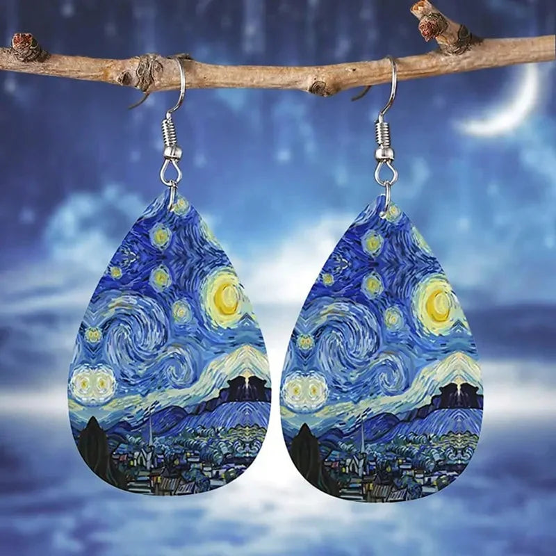 Orecchini Van Gogh Notte stellata Orecchini vintage in pelle con goccia d'acqua albero della vita per donna