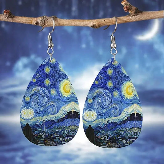 Orecchini Van Gogh Notte stellata Orecchini vintage in pelle con goccia d'acqua albero della vita per donna
