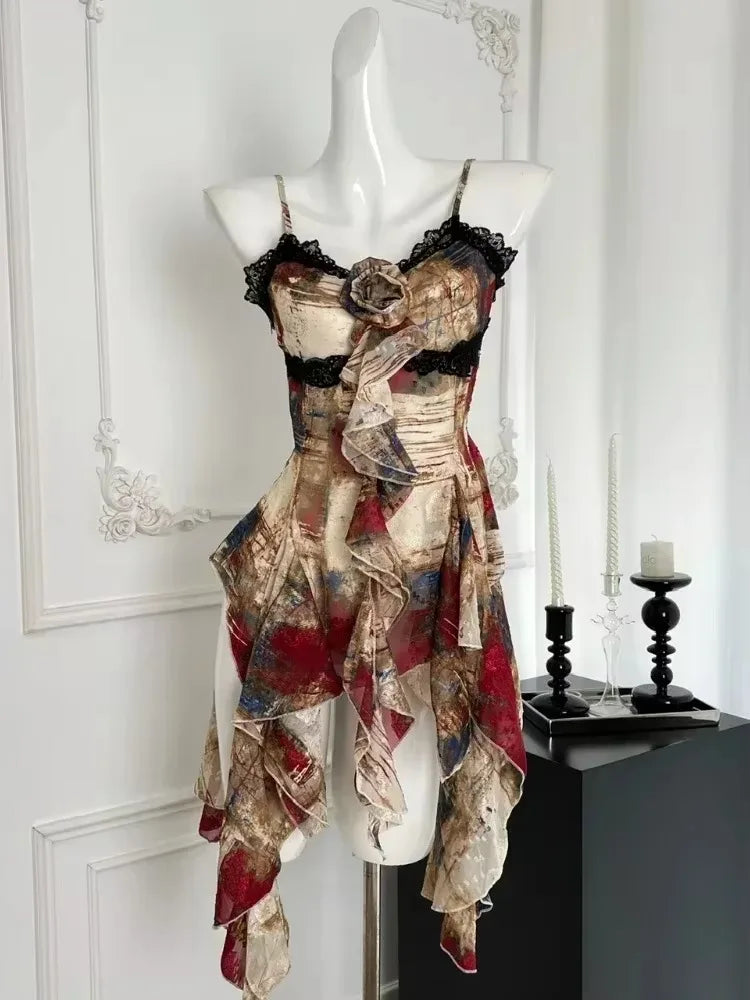 Sommer Vintage Spitze Design Unregelmäßige Rüschen Camisole Frauen Coquette 2000er Ästhetik Neckholder Tops Weiblich Sexy Gyaru Y2k Crop Tops