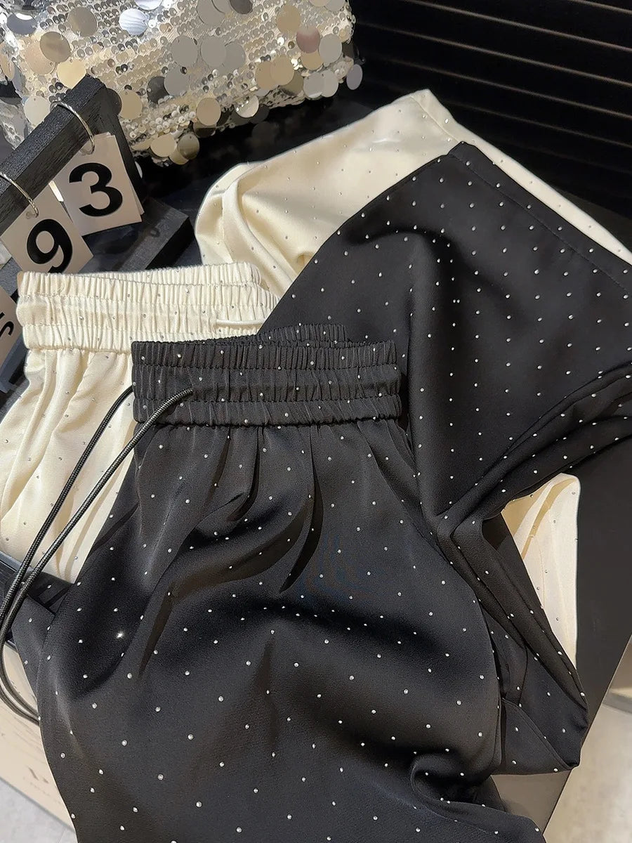 2026 Pantaloni a gamba larga con strass pieni di lusso di alta qualità Moda nuovi pantaloni dritti a vita alta con coulisse Pantaloni casual da donna