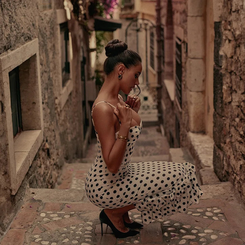 Abito con bretelle a pois Abito estivo da donna nuovo stile senza vita senza maniche Avvolgente sul petto Abito avvolgente a pieghe slim fit Ropa Mujer