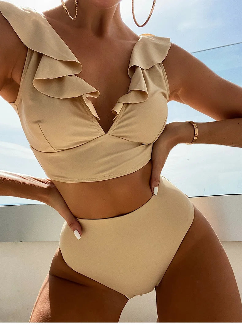 Damen-High-Waist-Bikini-Sets, V-Ausschnitt, Rüschen, zweiteilige Badeanzüge, Push-Up-Badeanzüge