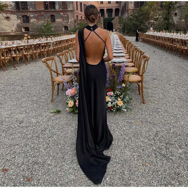 Elegante Abito Lungo da Festa in Raso con Nastro, Vestito Femminile Senza Maniche con Schiena Scoperta, Abiti Chic da Sera Primavera-Estate 2026