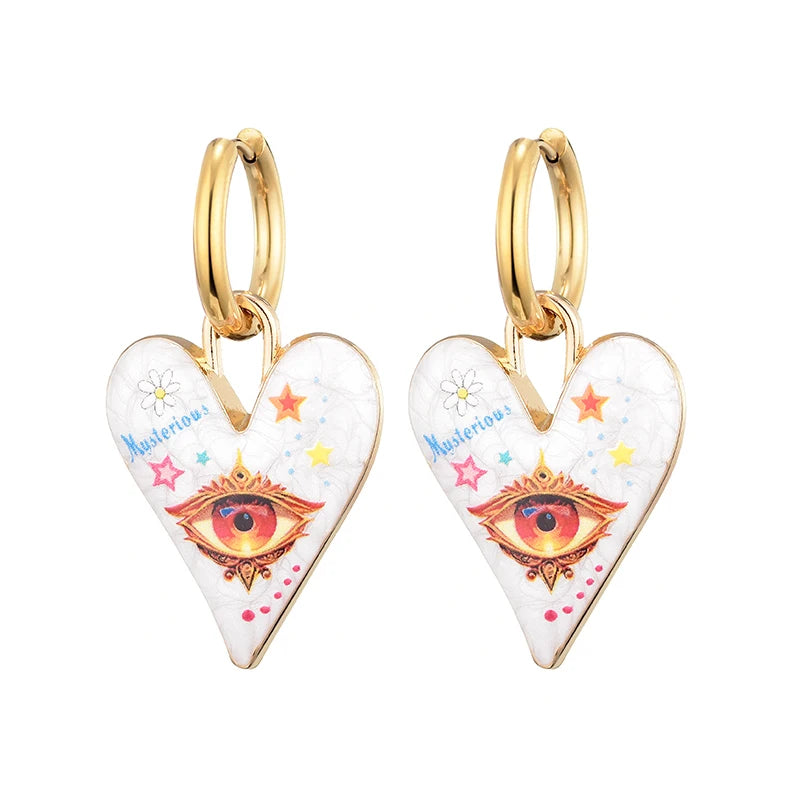 Nuovi orecchini a cerchio in acciaio inossidabile con occhio di cuore carino alla moda per le donne Gioielli femminili di amore con pendente color oro smaltato vintage colorato