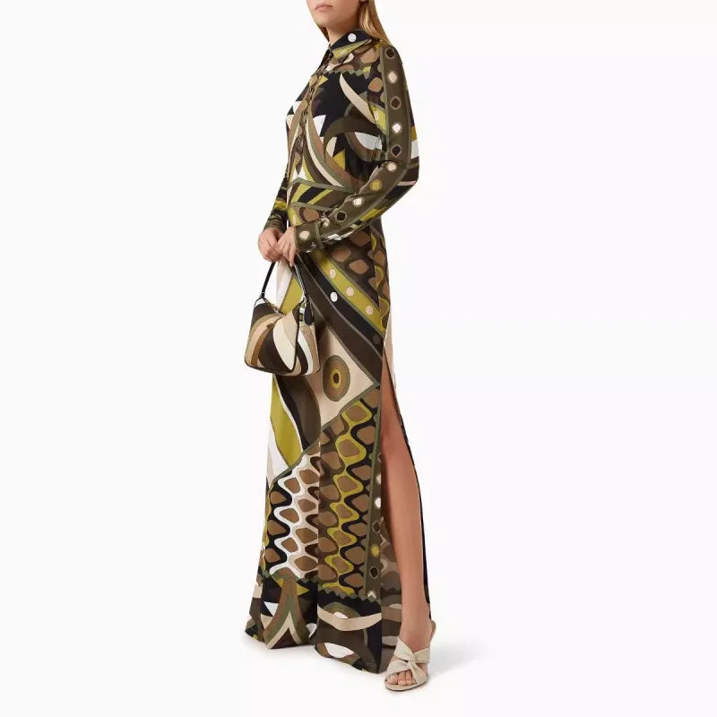 Donne eleganti autunno inverno stampa geometrica posizionamento bavero abito slim fit abiti maxi da festa con spacco a maniche lunghe alla moda