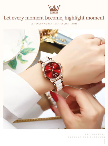 OLEVS 6631 Orologi automatici da donna Eleganti orologi da polso meccanici da donna impermeabili con cinturino in ceramica color oro rosa e lunetta con diamanti
