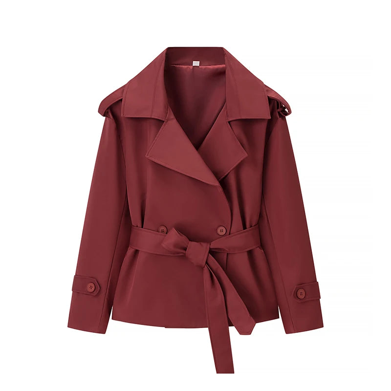 Trench con lacci con risvolto solido per le donne Moda maniche lunghe spalla larga cappotto corto allentato 2025 Nuovo autunno pendolari Outwear