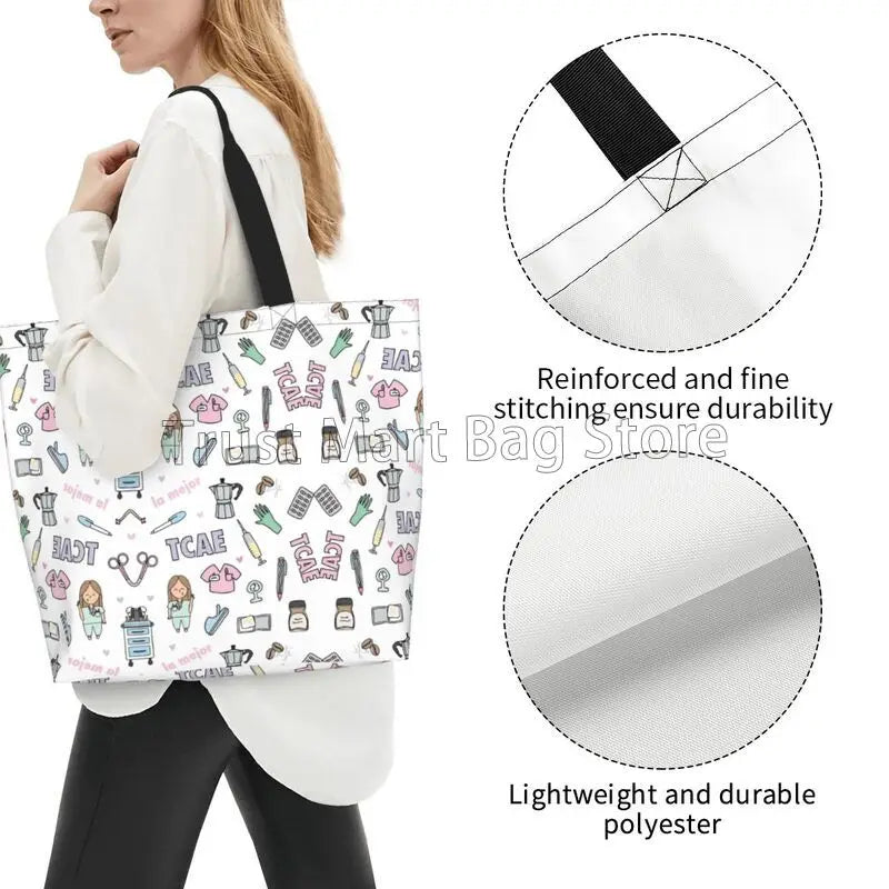 Personalizzato Enfermera En Apuros Dottore Infermiera Medica Borsa a tracolla Tote Bag di grande capacità Borse per le donne Borse per la spesa