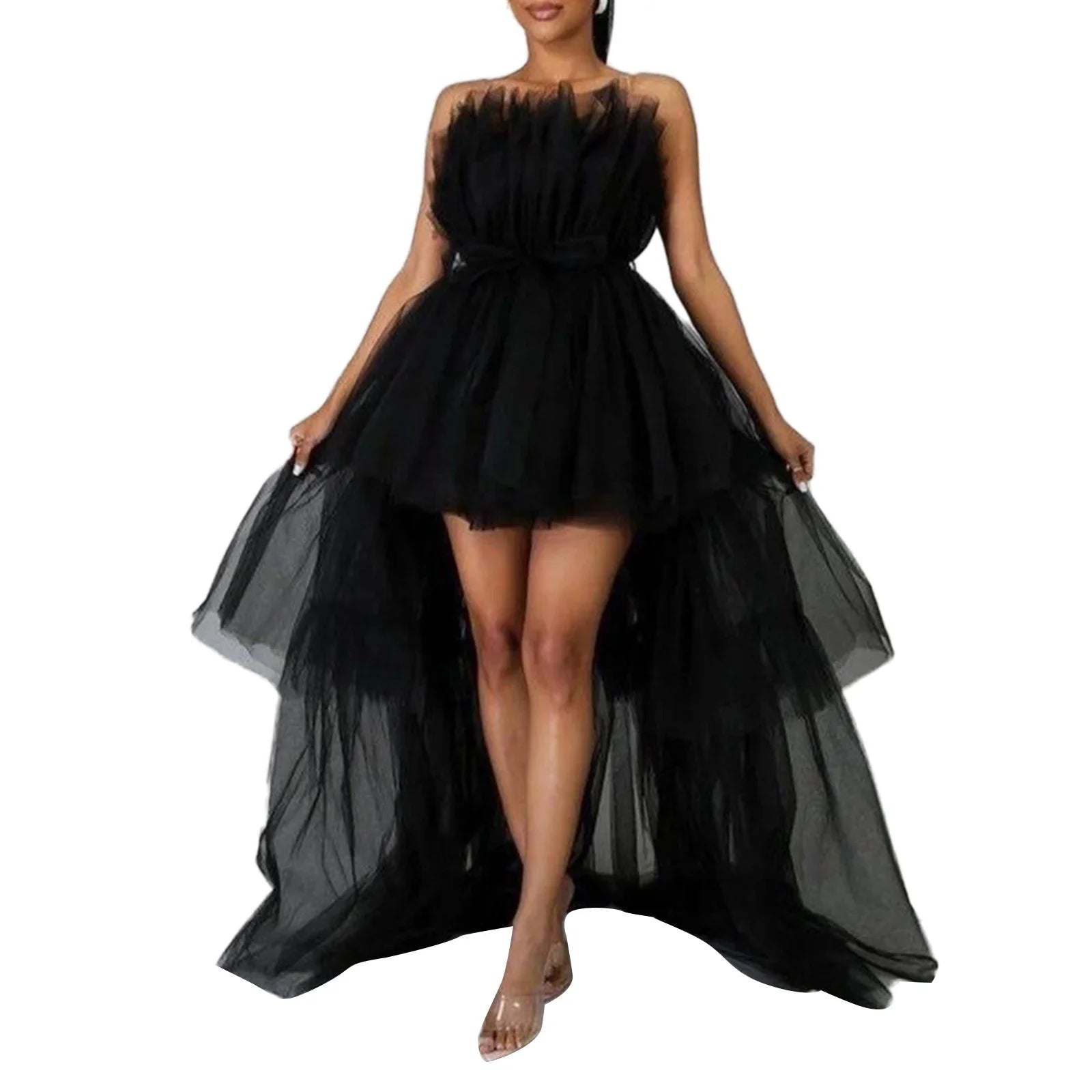 Elegante abito da cerimonia nuziale in tulle a rete per donna senza spalline con spalle scoperte abiti da sera a vita alta abiti da ballo per occasioni formali