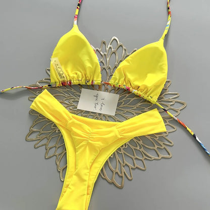 Spice Girl Style Printed Split Swimsuit Color Contrast Sexy Swimwear Holiday Women Bikini
