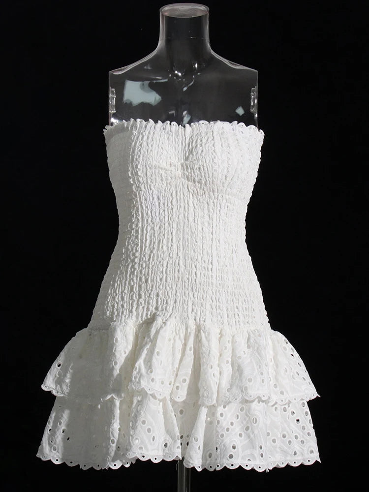 TWOTWINSTYLE Abito sexy con orlo a strati tagliato per le donne Mini abiti a vita alta senza spalline senza maniche con spalle scoperte Abbigliamento femminile