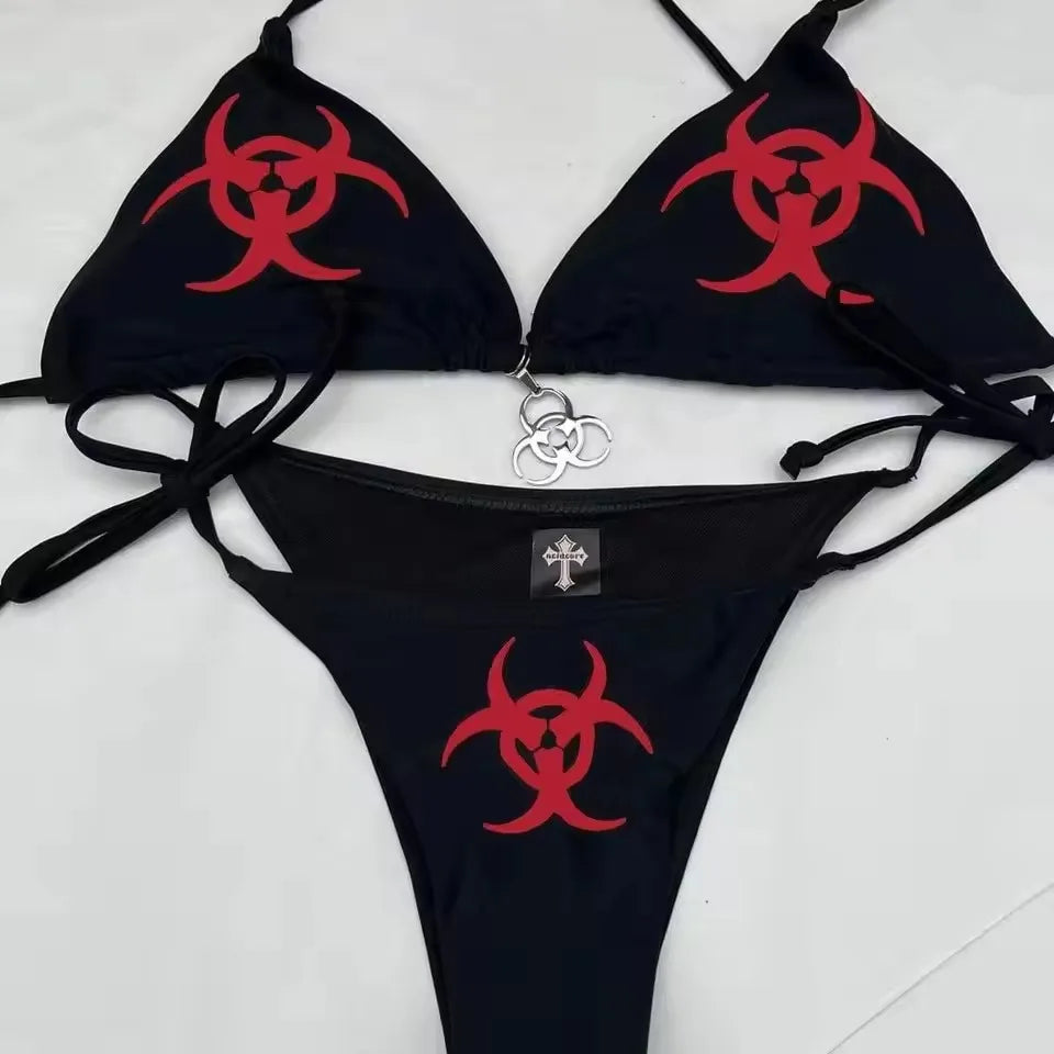 Y2k style Print Bikini Set Sexy Thong Swimsuit Two Pieces Bathing Suit Punk Bathing Suit Fashion Swimwear Women Millennium style