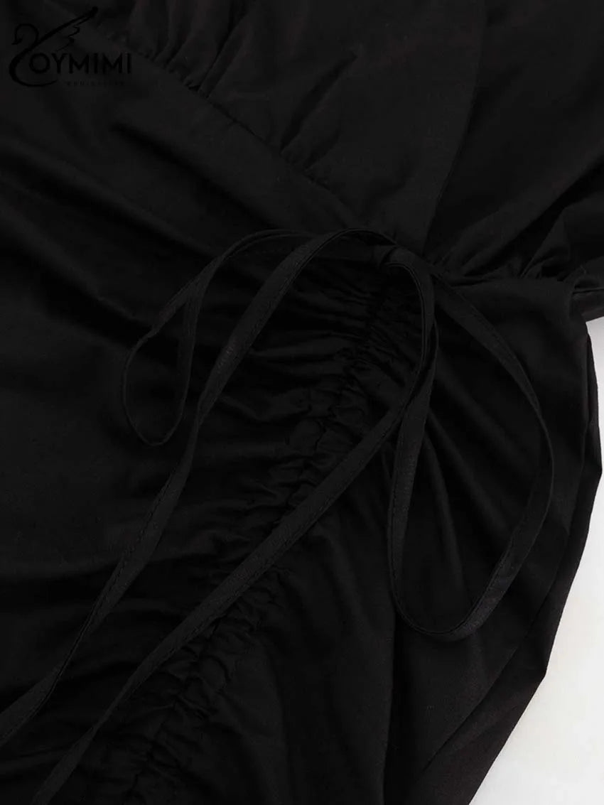 Oymimi Abito da donna casual in cotone bianco Elegante scollo a V Manica corta Abiti stringati Mini abiti a pieghe a vita alta