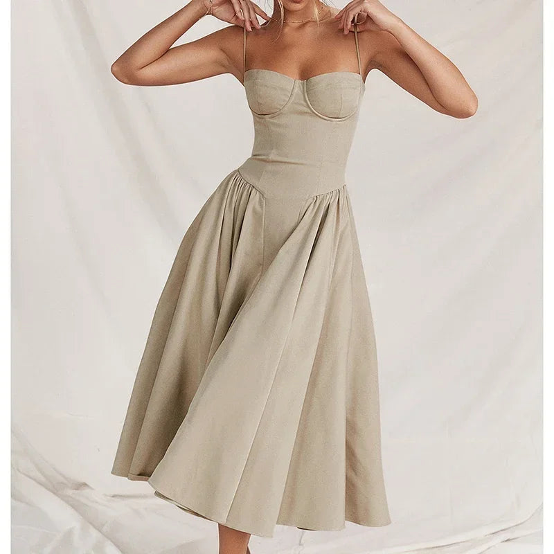 Elegante abito longuette con cinturino per spaghetti da donna Party Slim A Line Solid Bretelle Abiti da donna Nuova moda primavera estate Abiti sexy