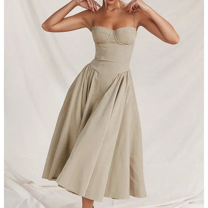 Elegante abito longuette con cinturino per spaghetti da donna Party Slim A Line Solid Bretelle Abiti da donna Nuova moda primavera estate Abiti sexy
