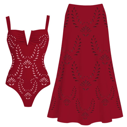 Women Bikini Set Swimsuit Sexy V Neck Solid Color Laser Cutting Flower Swimsuit Beachwear Luxury Summer Beachwear Dress