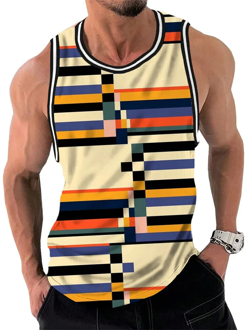 Mens Retro Stripe Graphic Tank Tops Fashion Summer Sleeveless Casual 3D Printed Vest Loose Quick Dry Breathable Tees Pullovers