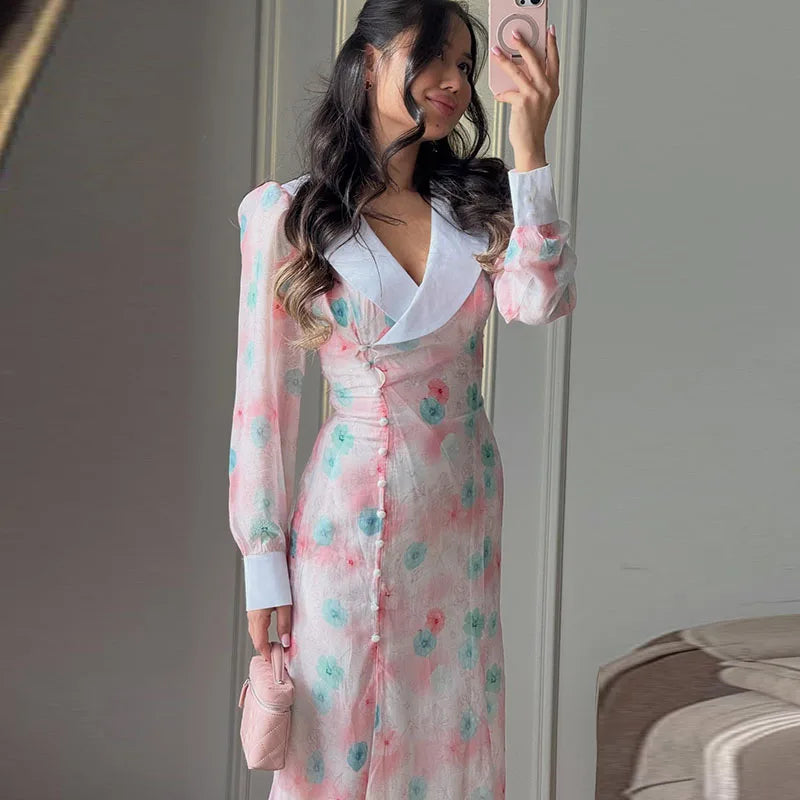 Abito Lungo da Donna con Stampa, Scollo a V, Maniche a Campana, Bordo a Foglia di Loto, Vita Alta, Vestito Maxi Aderente, Elegante Abito da Sera per Feste