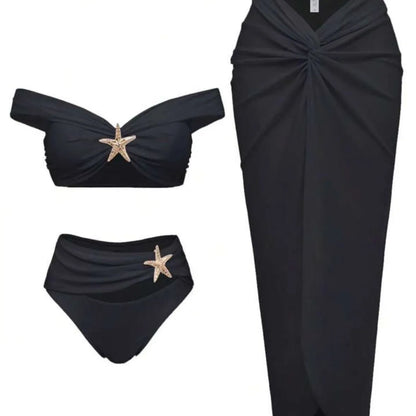 Damen Sexy Bikini Set Beachwear Metallic Seestern Bikini Falten Lange Röcke Dreiteilige Sets Hot Girl Urlaubsstil Badeanzug