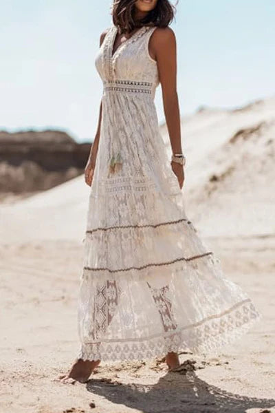 Women Summer Elegant Bohemian Maxi Dress Sleeveless Lace Trimmed Flared Dress Casual V-Neck Evening Party Long Dresses