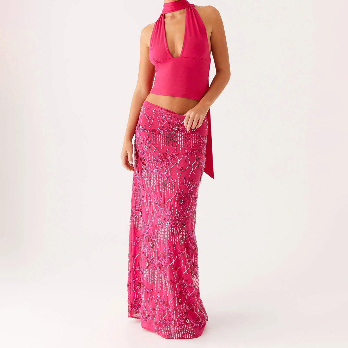 Gonna lunga elegante con paillettes e perline per donna Estate casual con ricamo floreale Maxi gonne dritte per Beach Club Streetwear