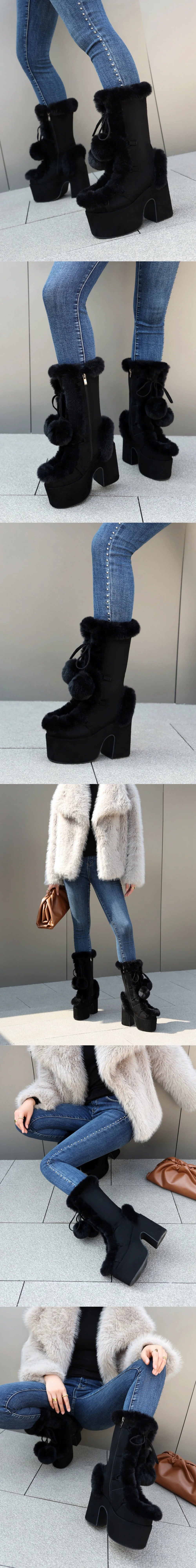 Big Size 46 Winter y2k Pink Knee High Boots Women White Chunky Platform Boots Gothic Black Faux Fur Block High Heels Boots Shoe