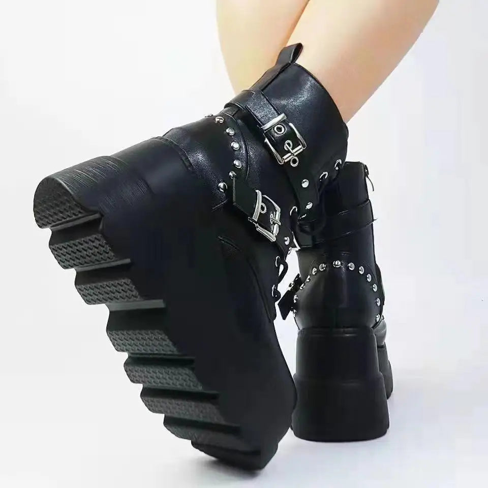 2025 Ankle Boots Platform Wedge Super High Heel Gothic Metal Heart Female Pumps Autumn Ladies Belt Round Toe Lolita Punk Shoe