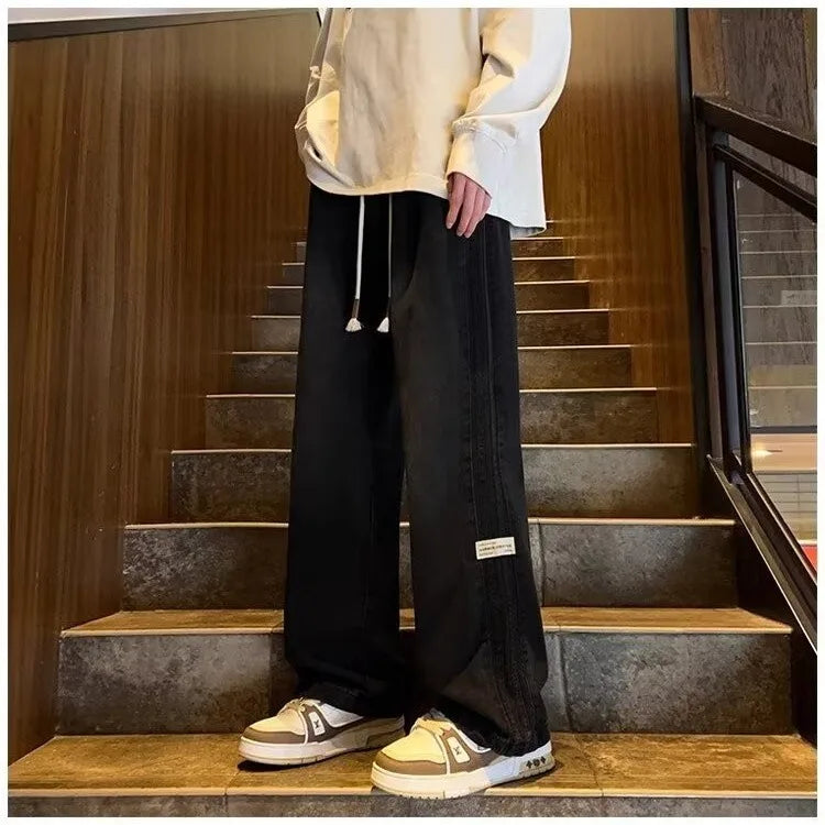 Tre bar jeans retrò americani da uomo primavera e autunno nuovo stile high street elastico in vita sciolto casual gamba dritta da uomo lunga