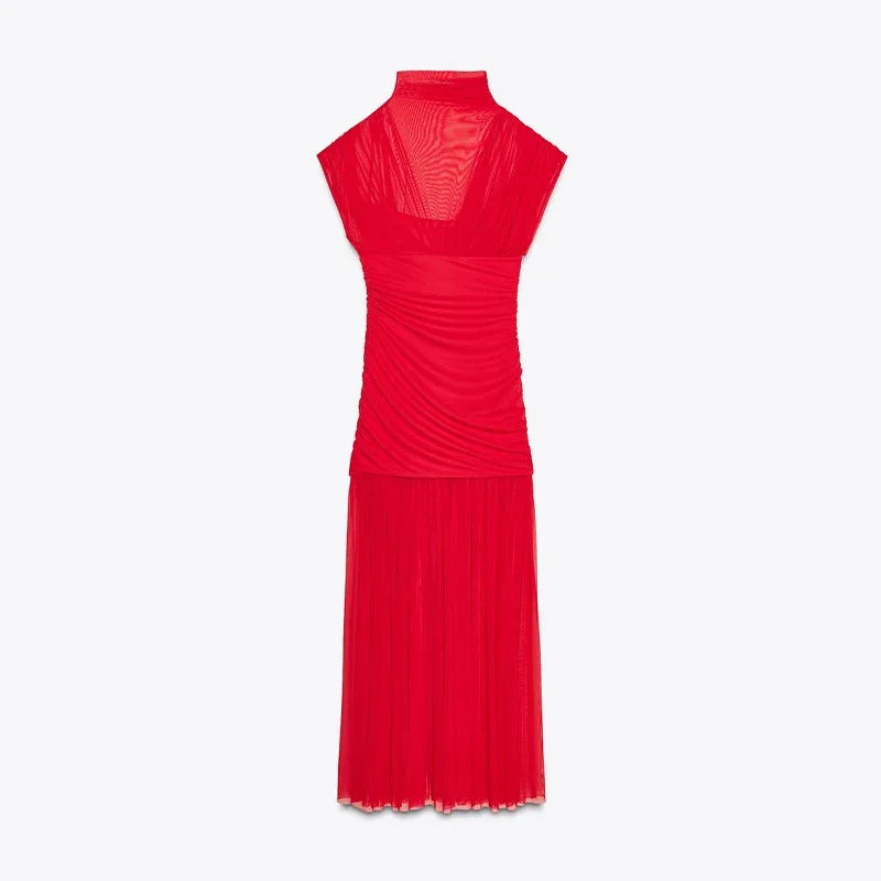 Maglia sexy vedere attraverso lungo abito rosso senza maniche piega patchwork a-line maxi abiti da festa femminile 2025 estate signora abiti slim