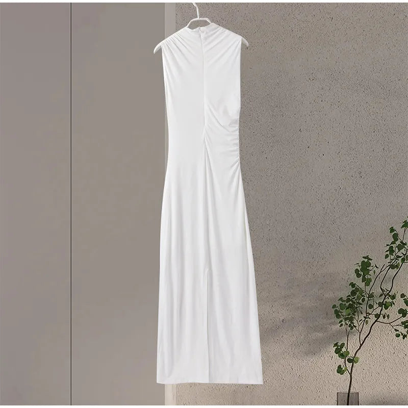Abito da donna solido pieghettato O collo Slim Hip Package abiti lunghi da donna 2024 moda senza maniche Summer Evening Party abito femminile