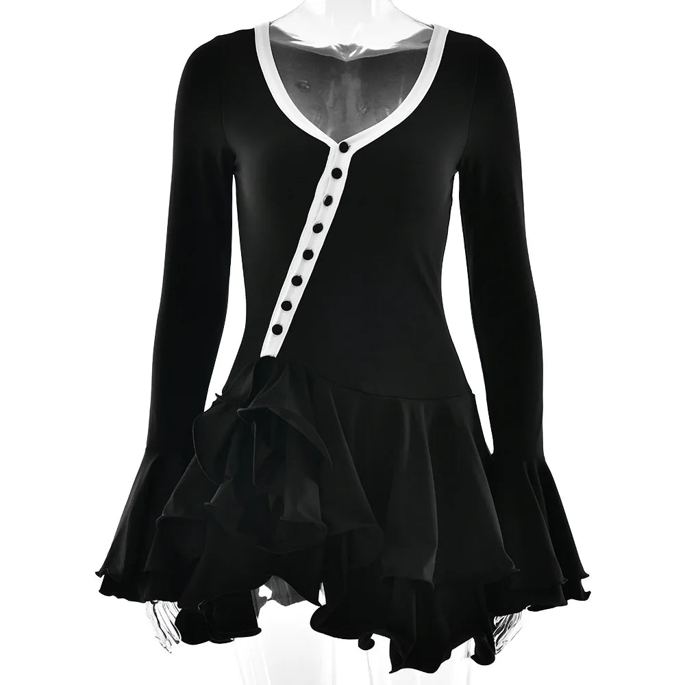 Abito corto sexy con volant patchwork bianco nero Abito corto da donna con maniche lunghe svasate con lacci Mini abiti da festa da sera Donna Blu Rosa Rosso