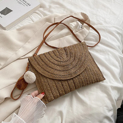 Pochette di paglia da spiaggia estiva borsa a tracolla con ciondolo a sfera carina per le donne borse a tracolla da viaggio borsa da donna borse Casual borsa di vimini