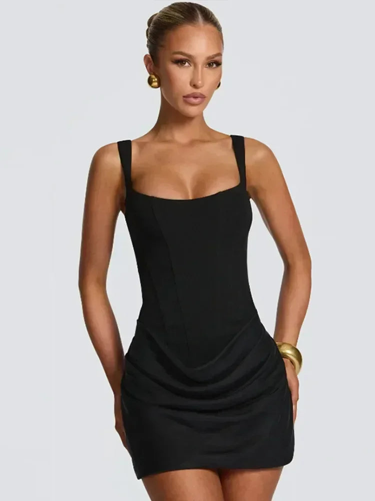 Mini abito da donna con scollo a V e scollo all'americana senza schienale Moda senza maniche a vita alta Abiti aderenti 2025 Nuova estate Lady Party Holiday Robes