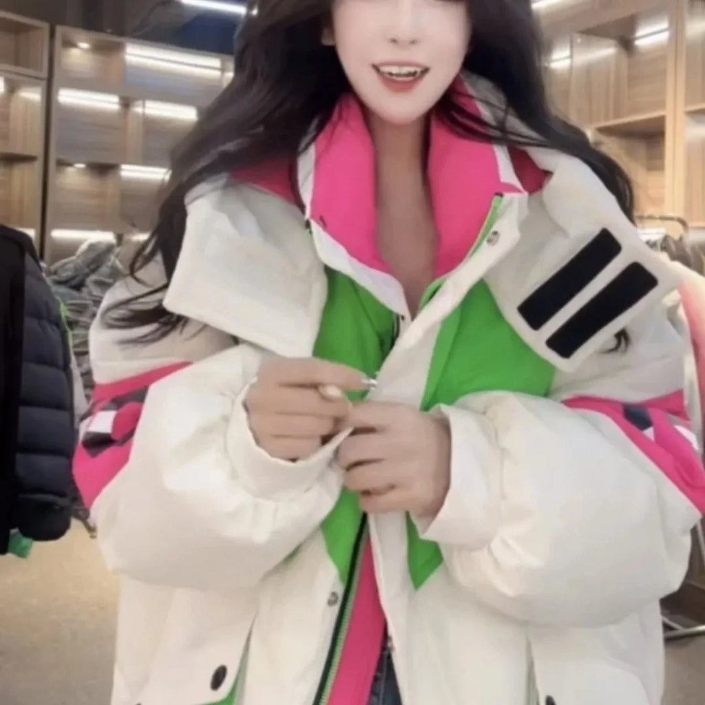 Caldo inverno piumino giacche donna Parka con cappuccio abbigliamento invernale cappotto da neve Casual spessa piumino corto brillante Streetwear