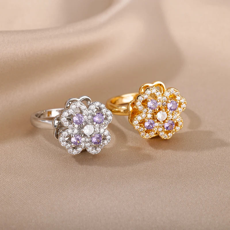 Anelli di ansia rotanti a quattro trifogli per le donne Anello nuziale regolabile in acciaio inossidabile color oro Anelli regalo di gioielli estetici