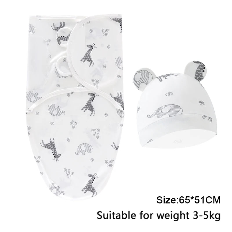 Set di cappelli per coperte per bambini Set di fasce per neonato in cotone stampato a fumetti Fasciatoio per neonato regolabile per tutte le stagioni 0-6 mesi