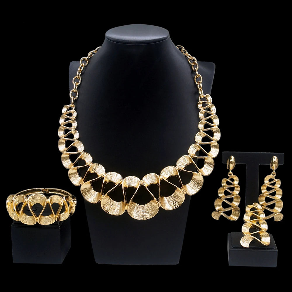 Ensemble de bijoux pour femmes plaqué or motif ondulé mode délicat pendentif collier boucles d'oreilles mariage vacances bijoux cadeaux pour femmes