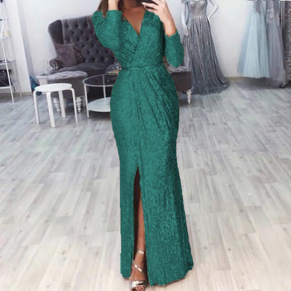 Abito lungo da donna elegante con scollo a V a maniche lunghe da festa Autunno Inverno Moda con paillettes Vita sexy Abiti maxi slim casual con spacco alto