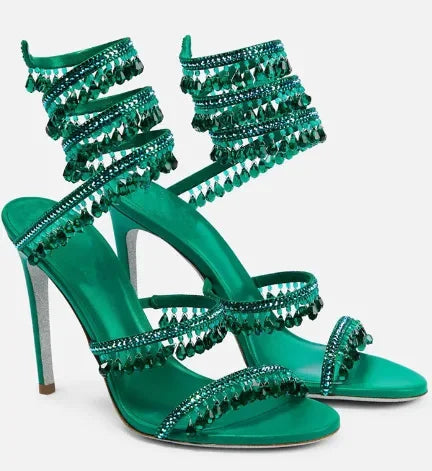 Newest Rhinestone Serpentine Sandals Women Shoes Open Toe Solid Hollow Stiletto Heel Sandal Slip On Summer Party Dress Sexy Shoe
