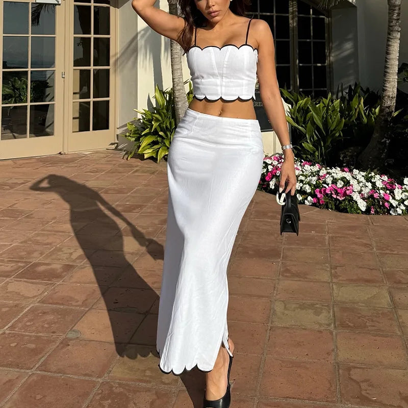 Summer Off Shoulder Camisole Top and Skirt Women's Outfit Sexy Backless Hollowed Out Party Sets White Slim Fit Beach Two Piece